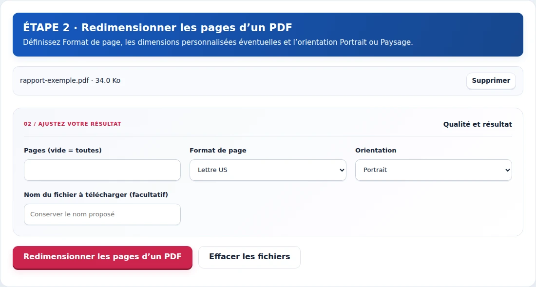 Redimensionner les pages d’un PDF, étape 2 : Définissez Format de page, les dimensions personnalisées éventuelles et l’orientation Portrait ou Paysage.