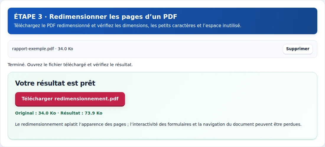 Redimensionner les pages d’un PDF, étape 3 : Téléchargez le PDF redimensionné et vérifiez les dimensions, les petits caractères et l’espace inutilisé.