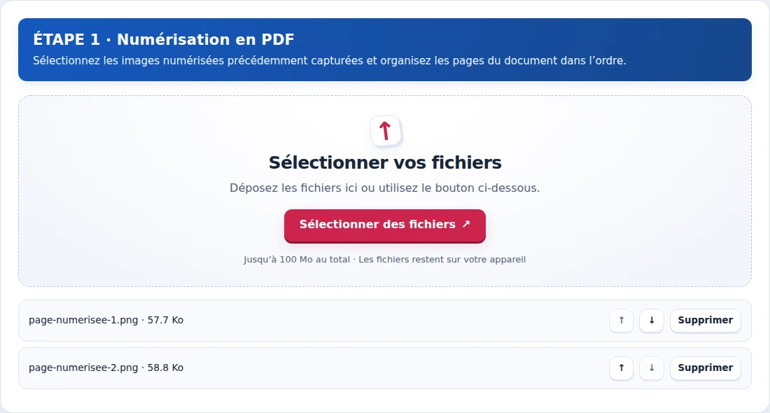 Numérisation en PDF, étape 1 : Sélectionnez les images numérisées précédemment capturées et organisez les pages du document dans l’ordre.
