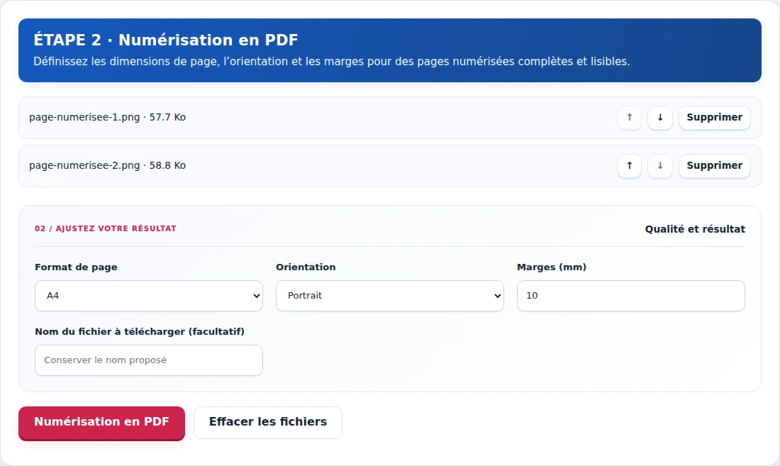 Numérisation en PDF, étape 2 : Définissez les dimensions de page, l’orientation et les marges pour des pages numérisées complètes et lisibles.