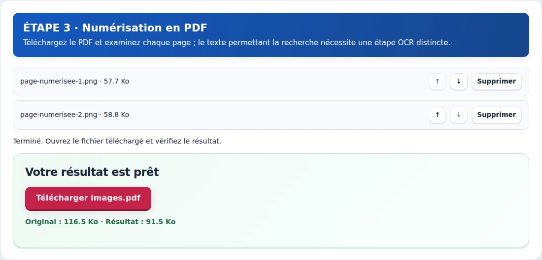 Numérisation en PDF, étape 3 : Téléchargez le PDF et examinez chaque page ; le texte permettant la recherche nécessite une étape OCR distincte.