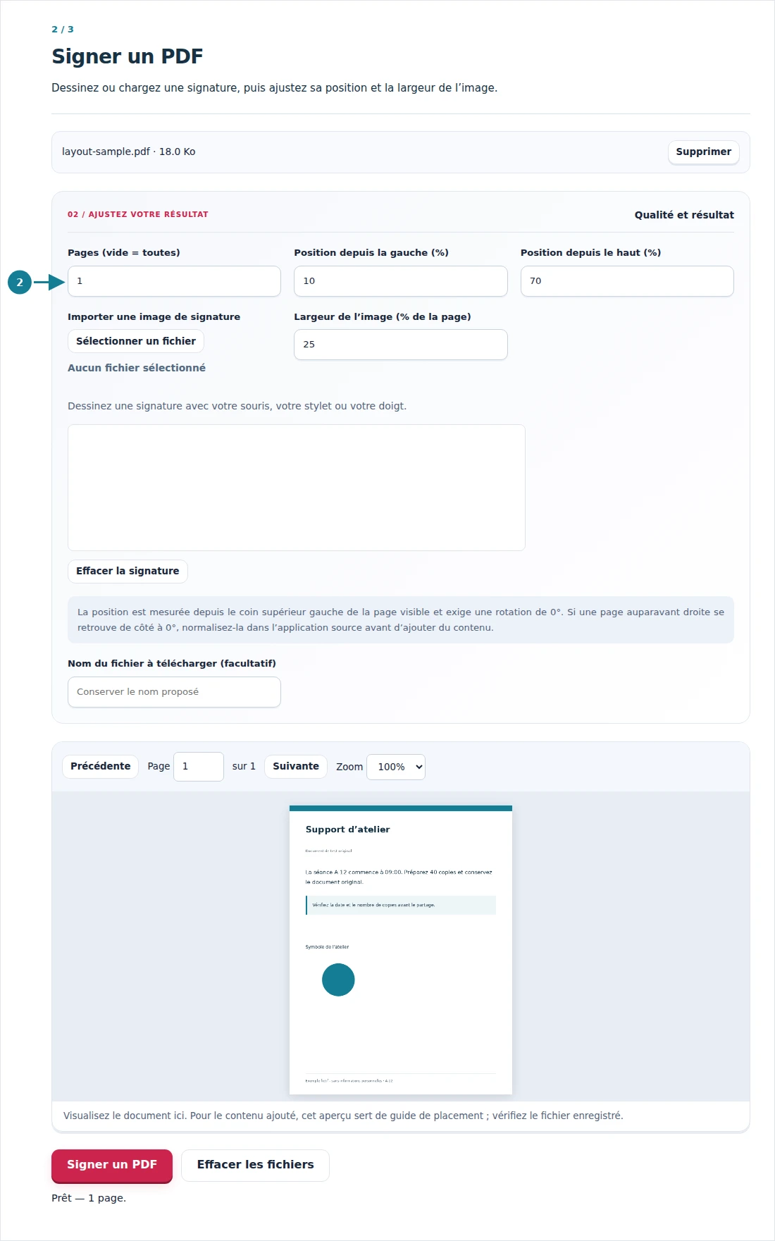 Signer un PDF, étape 2 : Dessinez ou chargez une signature, puis ajustez sa position et la largeur de l’image.