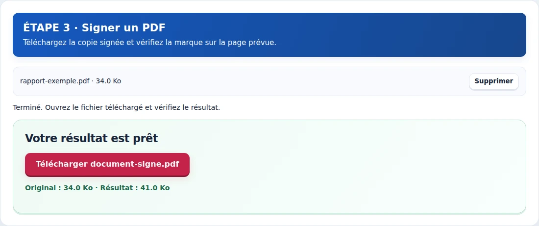 Signer un PDF, étape 3 : Téléchargez la copie signée et vérifiez la marque sur la page prévue.