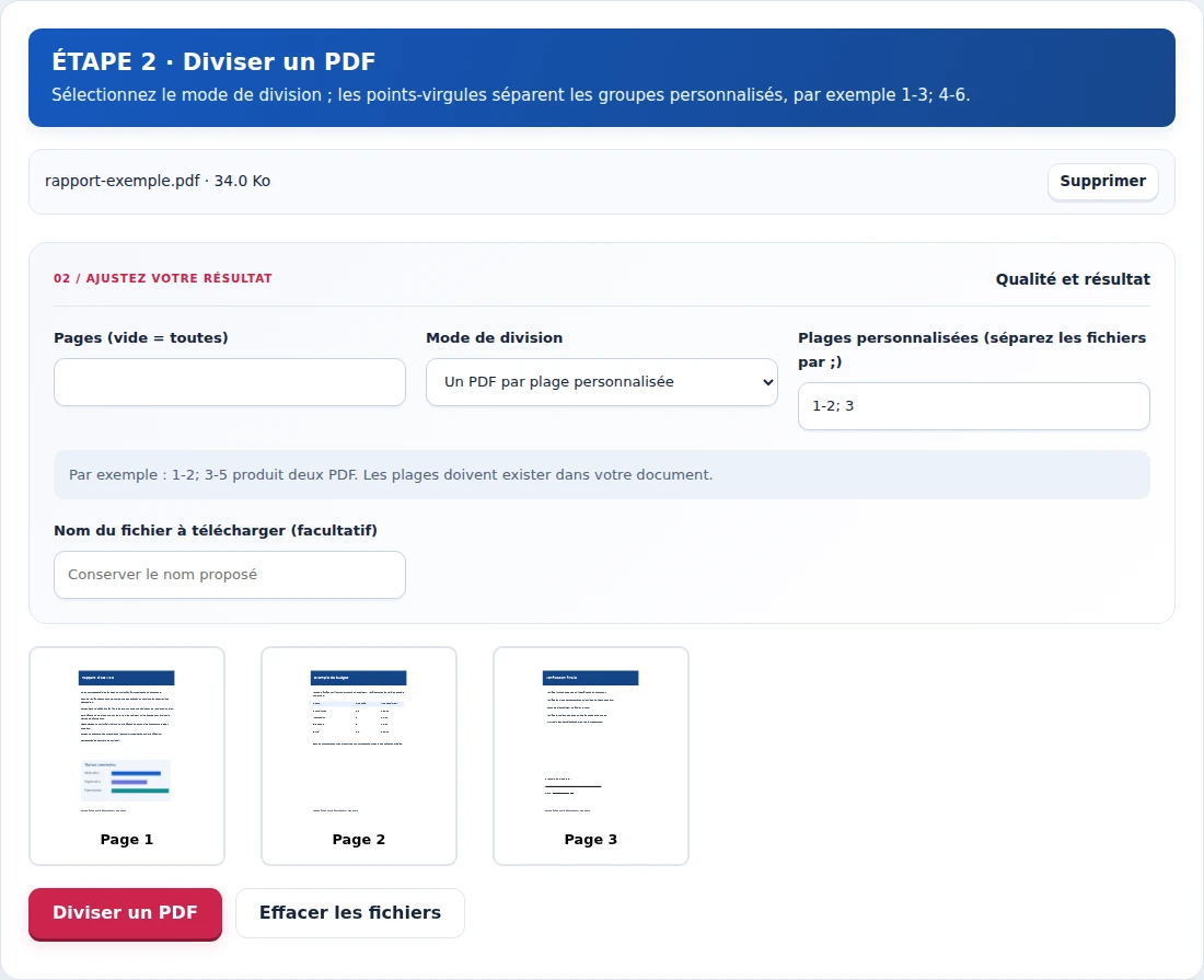 Diviser un PDF, étape 2 : Sélectionnez le mode de division ; les points-virgules séparent les groupes personnalisés, par exemple 1-3; 4-6.