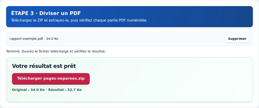 Diviser un PDF, étape 3 : Téléchargez le ZIP et extrayez-le, puis vérifiez chaque partie PDF numérotée.
