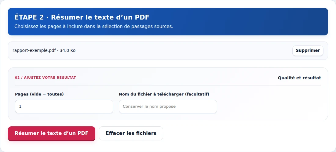 Résumer le texte d’un PDF, étape 2 : Choisissez les pages à inclure dans la sélection de passages sources.