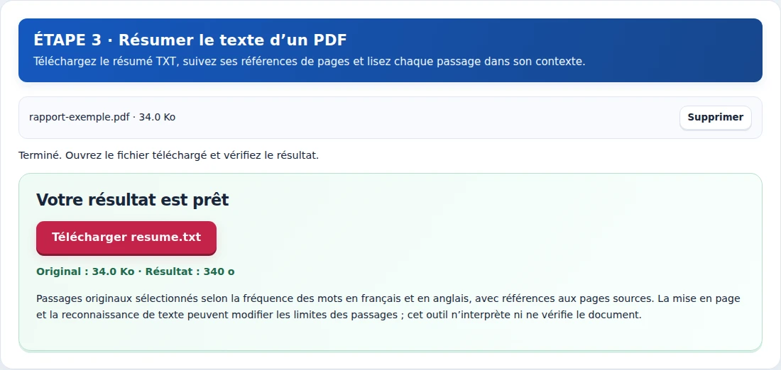 Résumer le texte d’un PDF, étape 3 : Téléchargez le résumé TXT, suivez ses références de pages et lisez chaque passage dans son contexte.
