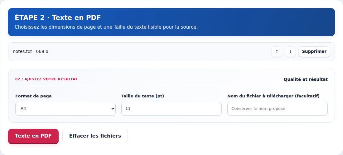 Texte en PDF, étape 2 : Choisissez les dimensions de page et une Taille du texte lisible pour la source.
