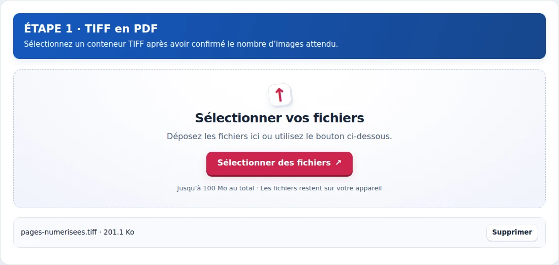 TIFF en PDF, étape 1 : Sélectionnez un conteneur TIFF après avoir confirmé le nombre d’images attendu.