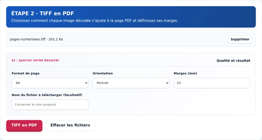 TIFF en PDF, étape 2 : Choisissez comment chaque image décodée s’ajuste à la page PDF et définissez ses marges.