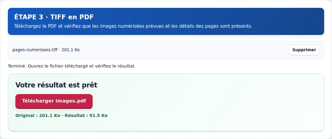 TIFF en PDF, étape 3 : Téléchargez le PDF et vérifiez que les images numérisées prévues et les détails des pages sont présents.