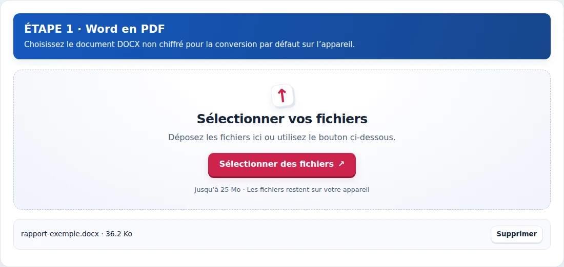 Word en PDF, étape 1 : Choisissez le document DOCX non chiffré pour la conversion par défaut sur l’appareil.