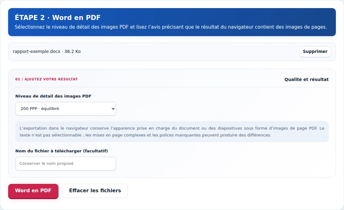 Word en PDF, étape 2 : Sélectionnez le niveau de détail des images PDF et lisez l’avis précisant que le résultat du navigateur contient des images de pages.