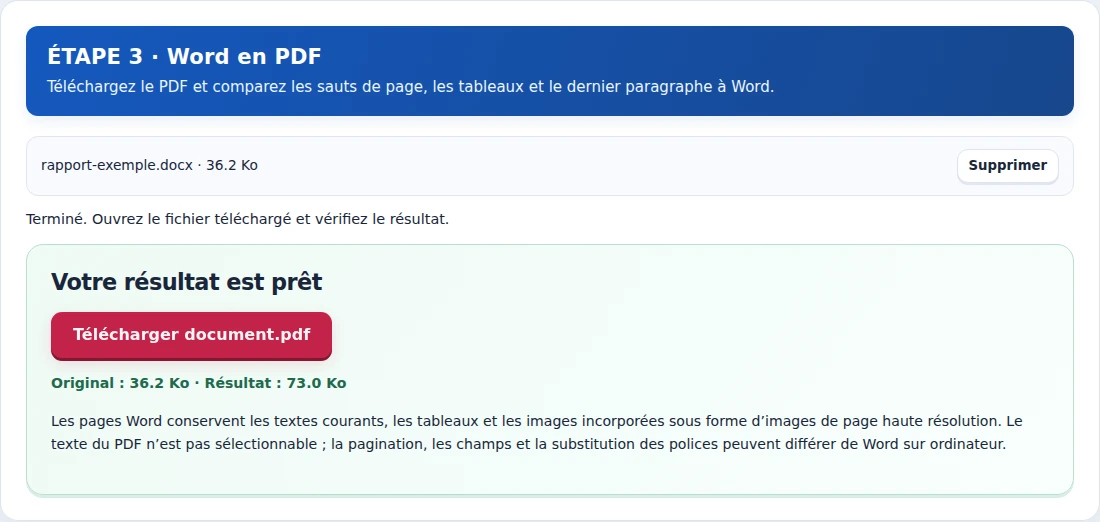Word en PDF, étape 3 : Téléchargez le PDF et comparez les sauts de page, les tableaux et le dernier paragraphe à Word.