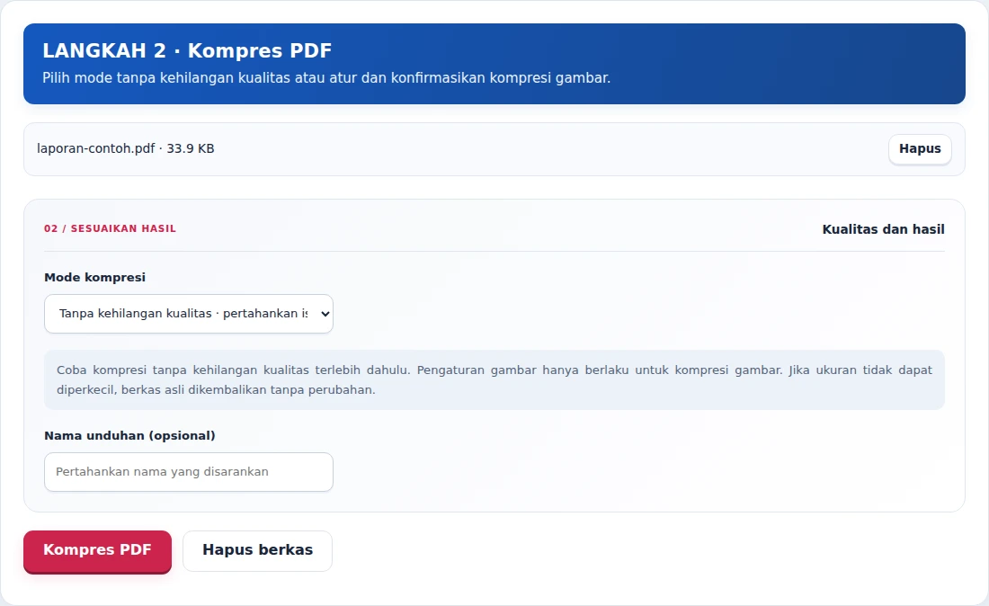 Kompres PDF, langkah 2: Pilih mode tanpa kehilangan kualitas atau atur dan konfirmasikan kompresi gambar.