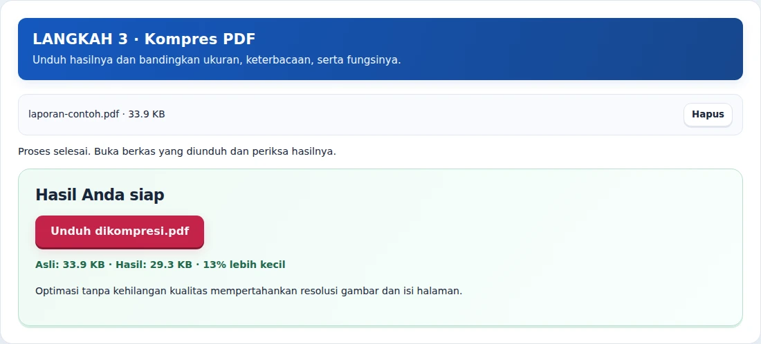 Kompres PDF, langkah 3: Unduh hasilnya dan bandingkan ukuran, keterbacaan, serta fungsinya.