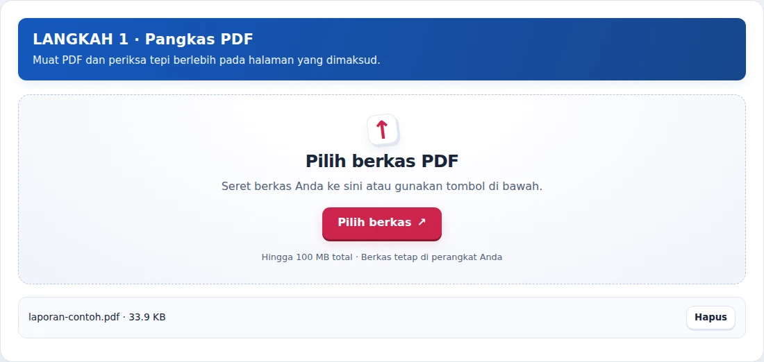 Pangkas PDF, langkah 1: Muat PDF dan periksa tepi berlebih pada halaman yang dimaksud.