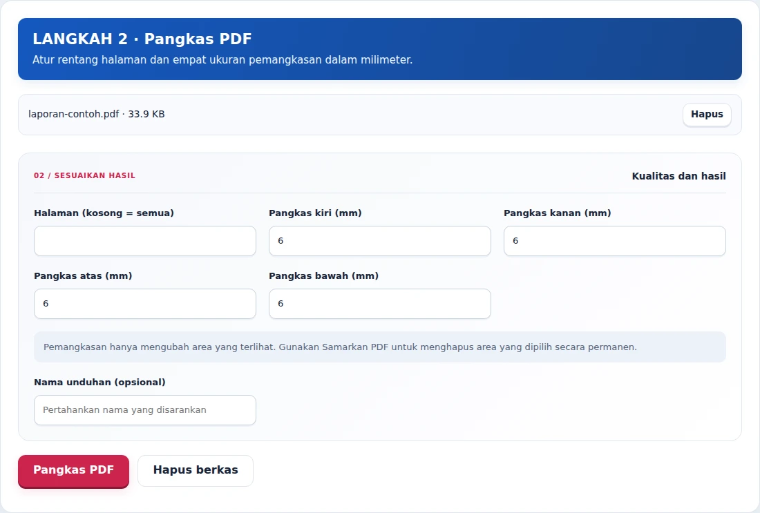 Pangkas PDF, langkah 2: Atur rentang halaman dan empat ukuran pemangkasan dalam milimeter.