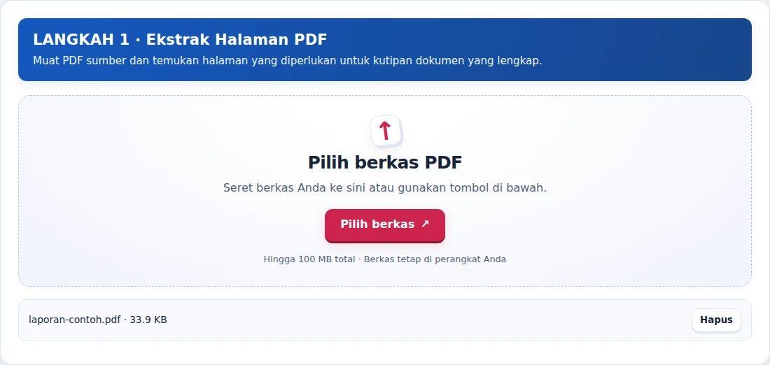 Ekstrak Halaman PDF, langkah 1: Muat PDF sumber dan temukan halaman yang diperlukan untuk kutipan dokumen yang lengkap.