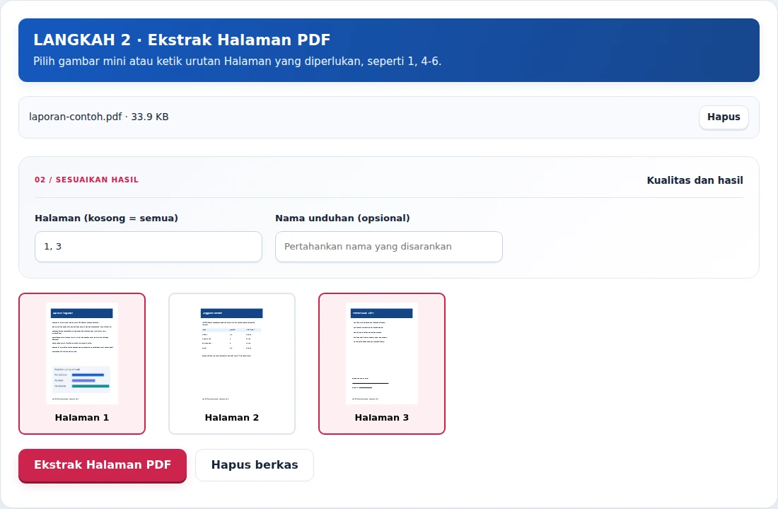 Ekstrak Halaman PDF, langkah 2: Pilih gambar mini atau ketik urutan Halaman yang diperlukan, seperti 1, 4-6.