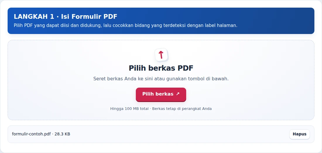 Isi Formulir PDF, langkah 1: Pilih PDF yang dapat diisi dan didukung, lalu cocokkan bidang yang terdeteksi dengan label halaman.