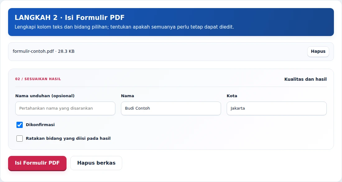 Isi Formulir PDF, langkah 2: Lengkapi kolom teks dan bidang pilihan; tentukan apakah semuanya perlu tetap dapat diedit.