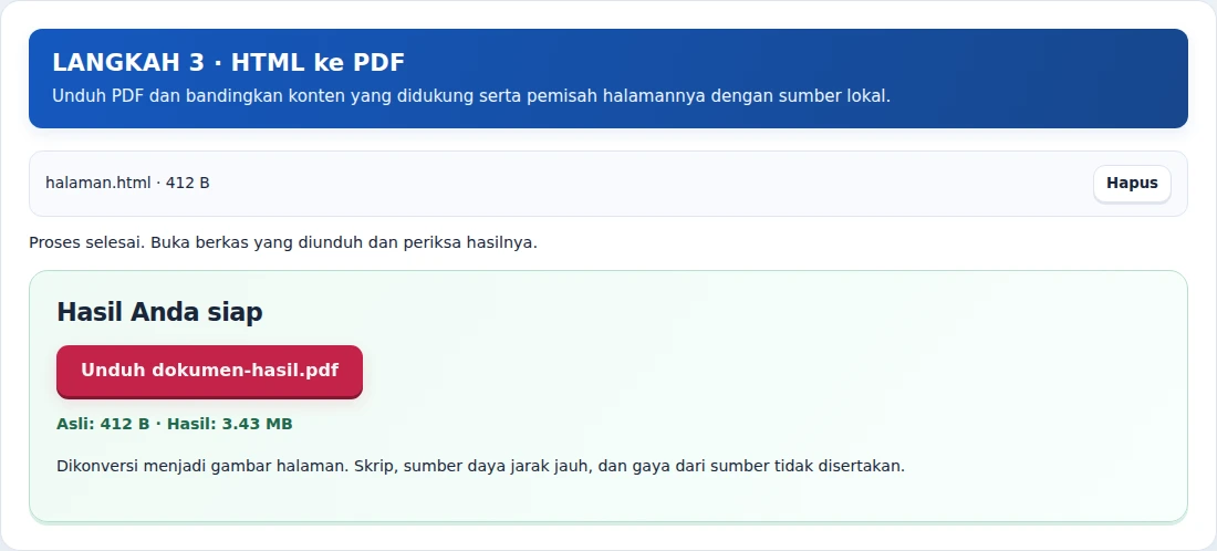HTML ke PDF, langkah 3: Unduh PDF dan bandingkan konten yang didukung serta pemisah halamannya dengan sumber lokal.