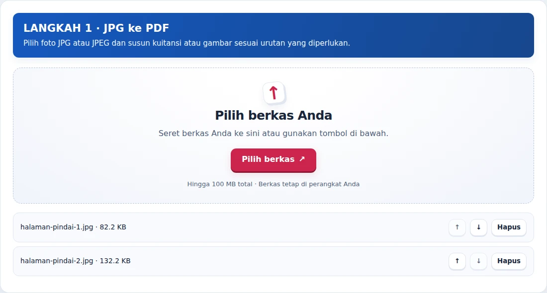 JPG ke PDF, langkah 1: Pilih foto JPG atau JPEG dan susun kuitansi atau gambar sesuai urutan yang diperlukan.