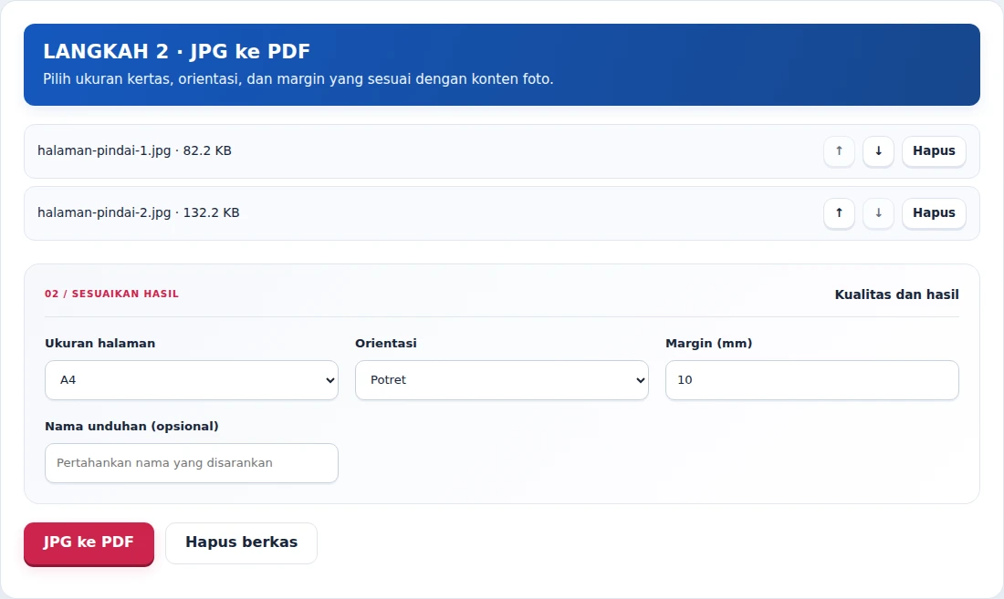 JPG ke PDF, langkah 2: Pilih ukuran kertas, orientasi, dan margin yang sesuai dengan konten foto.