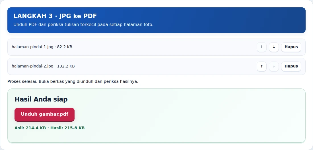 JPG ke PDF, langkah 3: Unduh PDF dan periksa tulisan terkecil pada setiap halaman foto.