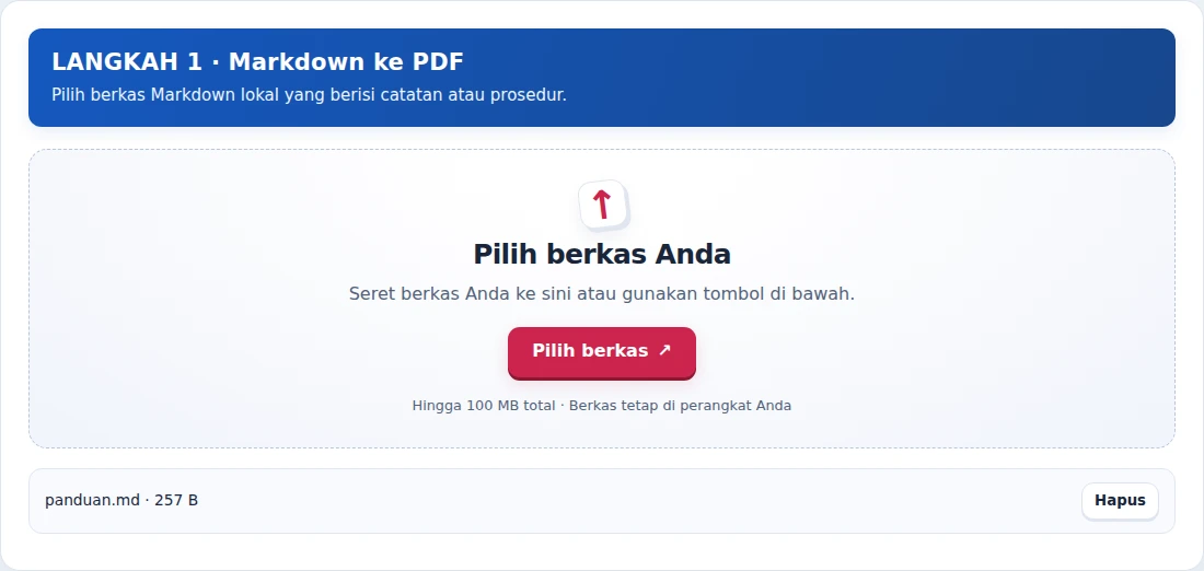 Markdown ke PDF, langkah 1: Pilih berkas Markdown lokal yang berisi catatan atau prosedur.