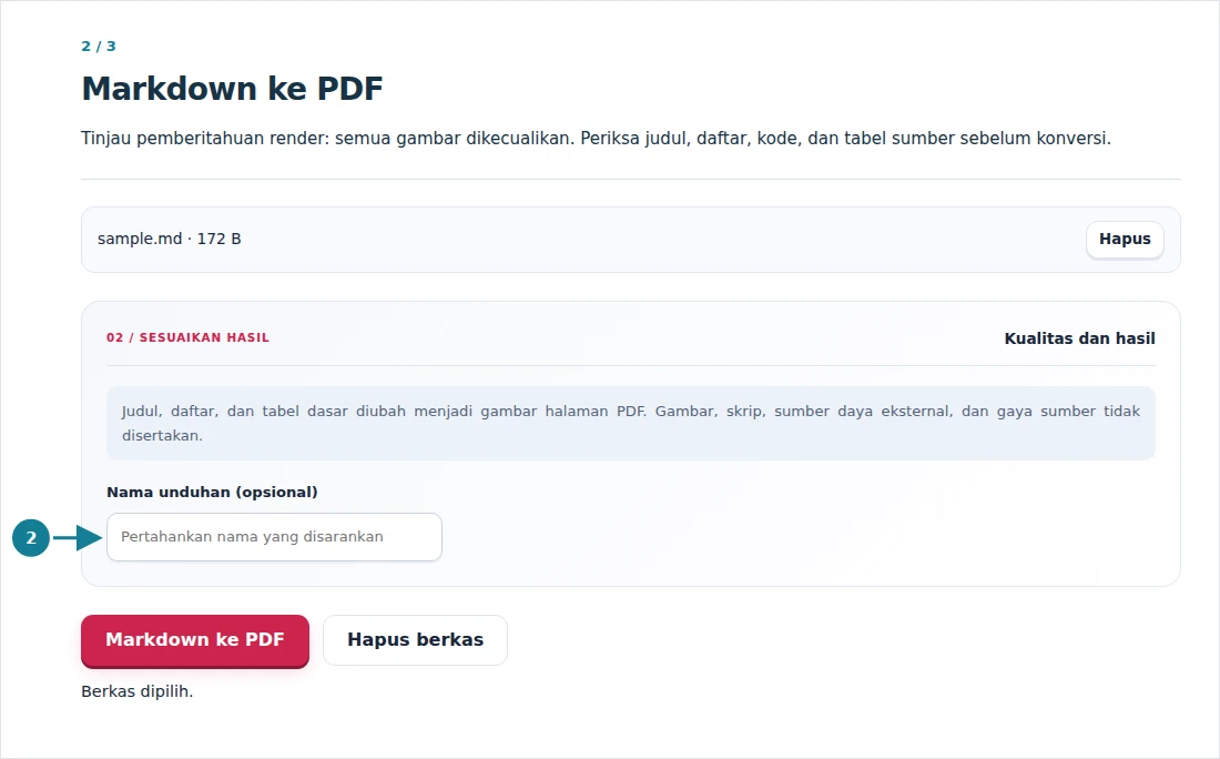 Markdown ke PDF, langkah 2: Tinjau pemberitahuan render: semua gambar dikecualikan. Periksa judul, daftar, kode, dan tabel sumber sebelum konversi.