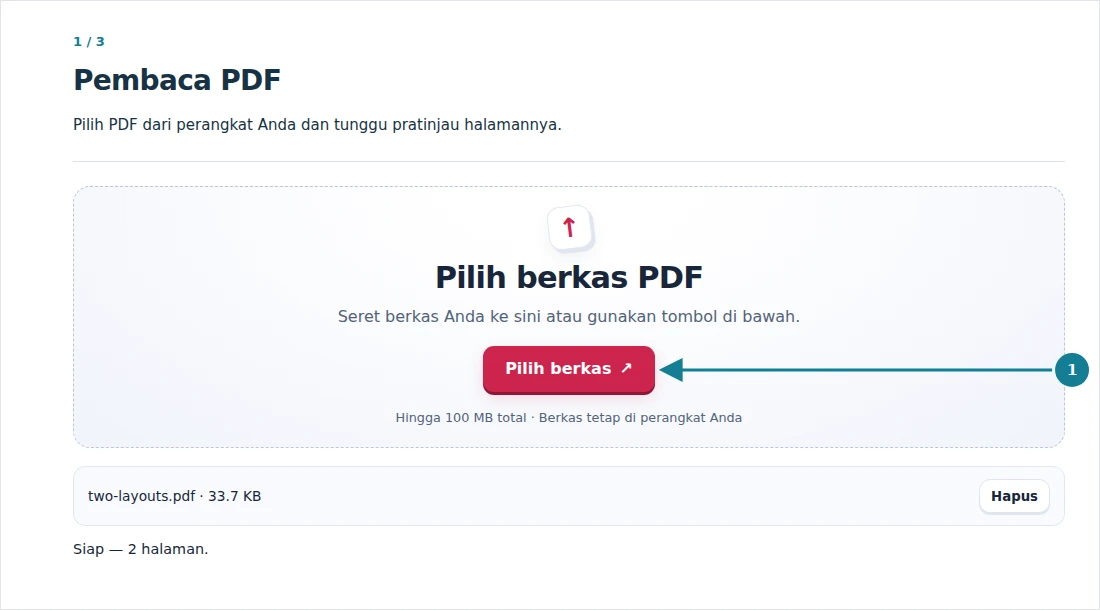 Pembaca PDF, langkah 1: Pilih PDF dari perangkat Anda dan tunggu pratinjau halamannya.