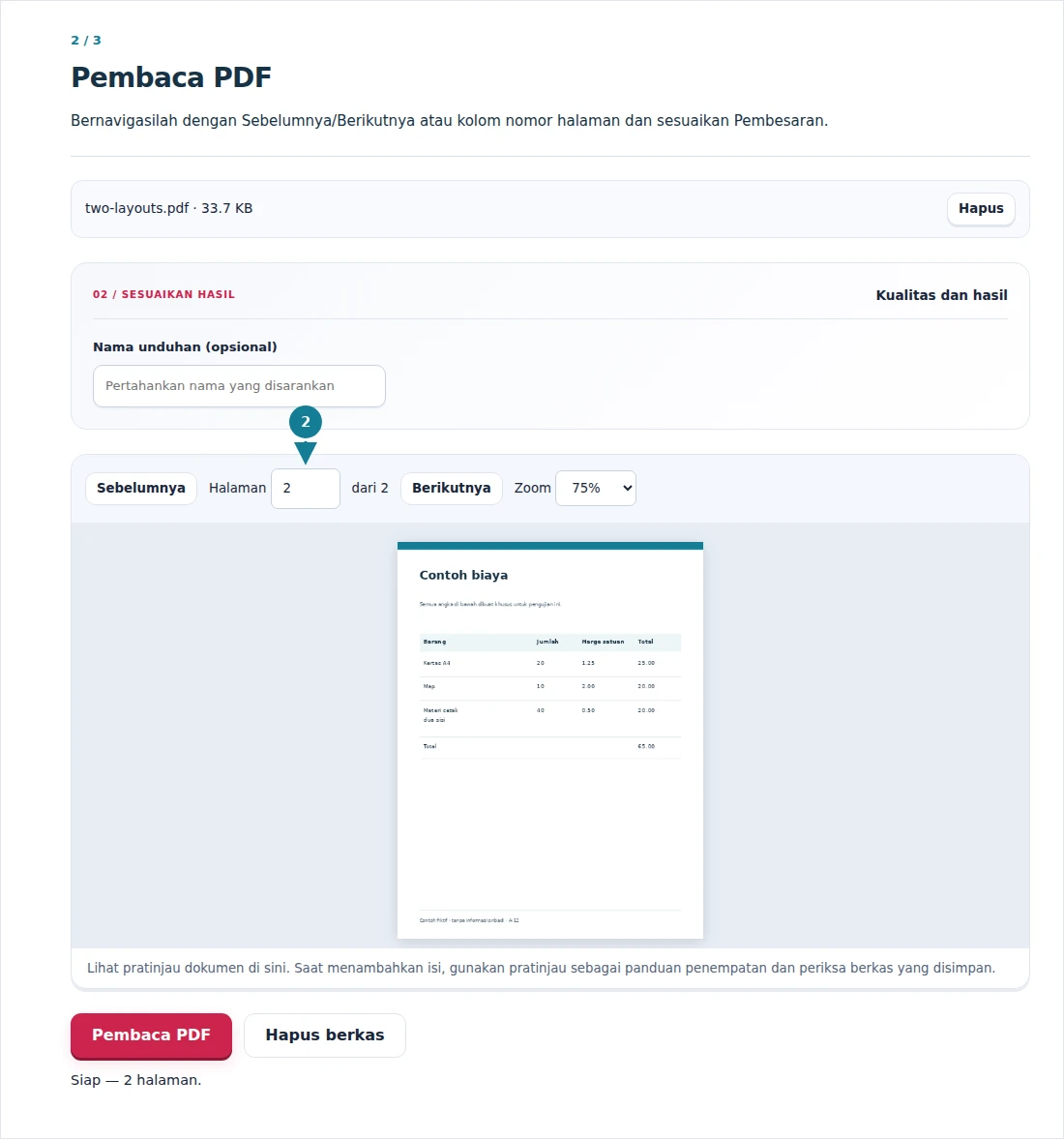 Pembaca PDF, langkah 2: Bernavigasilah dengan Sebelumnya/Berikutnya atau kolom nomor halaman dan sesuaikan Pembesaran.