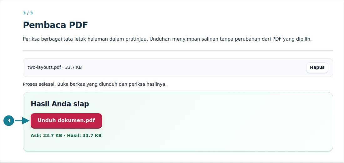 Pembaca PDF, langkah 3: Periksa berbagai tata letak halaman dalam pratinjau. Unduhan menyimpan salinan tanpa perubahan dari PDF yang dipilih.