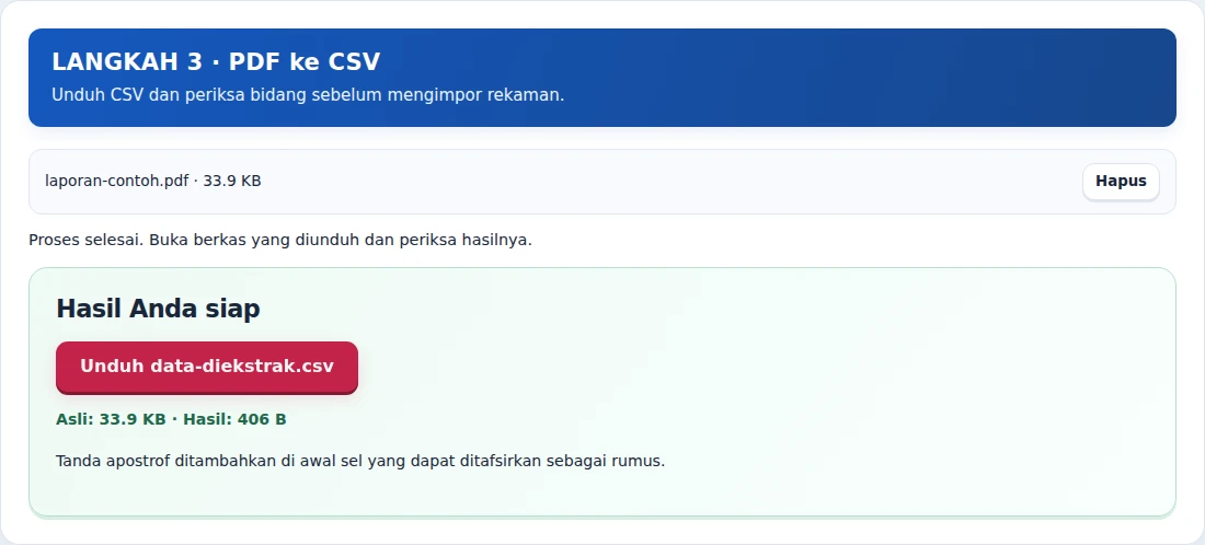 PDF ke CSV, langkah 3: Unduh CSV dan periksa bidang sebelum mengimpor rekaman.