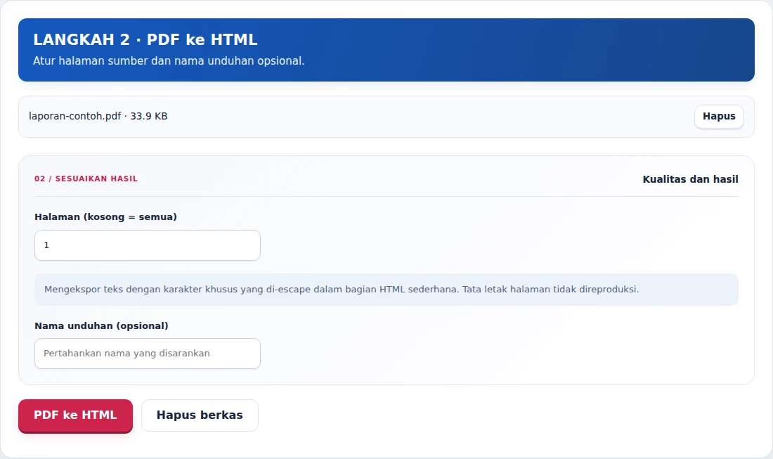 PDF ke HTML, langkah 2: Atur halaman sumber dan nama unduhan opsional.