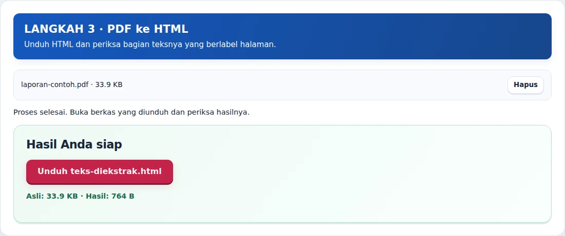 PDF ke HTML, langkah 3: Unduh HTML dan periksa bagian teksnya yang berlabel halaman.