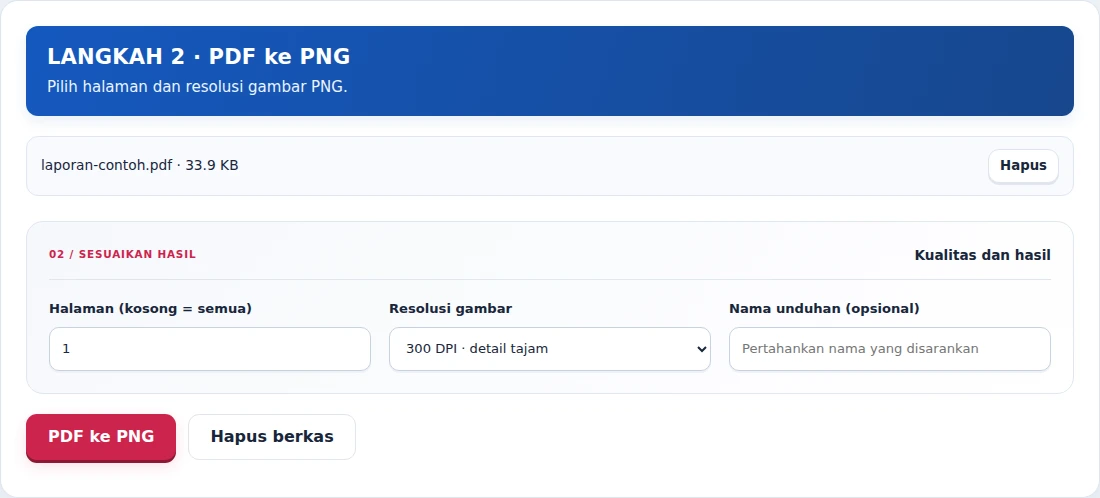 PDF ke PNG, langkah 2: Pilih halaman dan resolusi gambar PNG.