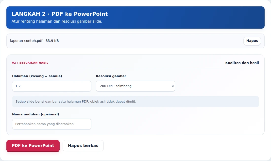 PDF ke PowerPoint, langkah 2: Atur rentang halaman dan resolusi gambar slide.