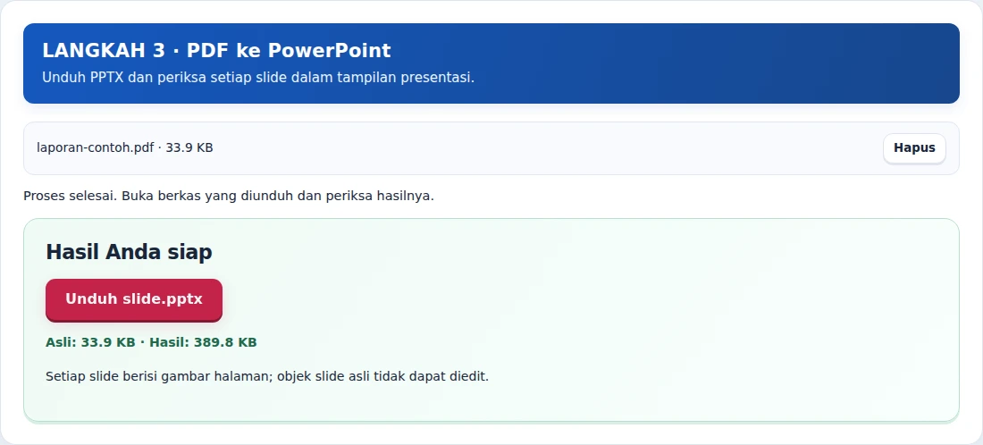 PDF ke PowerPoint, langkah 3: Unduh PPTX dan periksa setiap slide dalam tampilan presentasi.