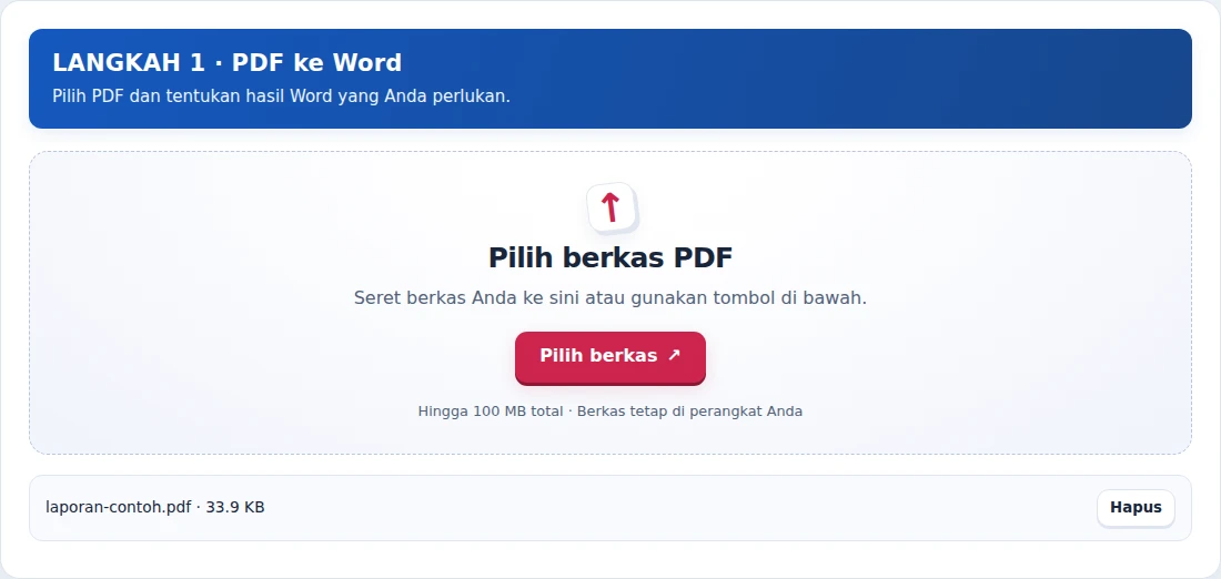 PDF ke Word, langkah 1: Pilih PDF dan tentukan hasil Word yang Anda perlukan.