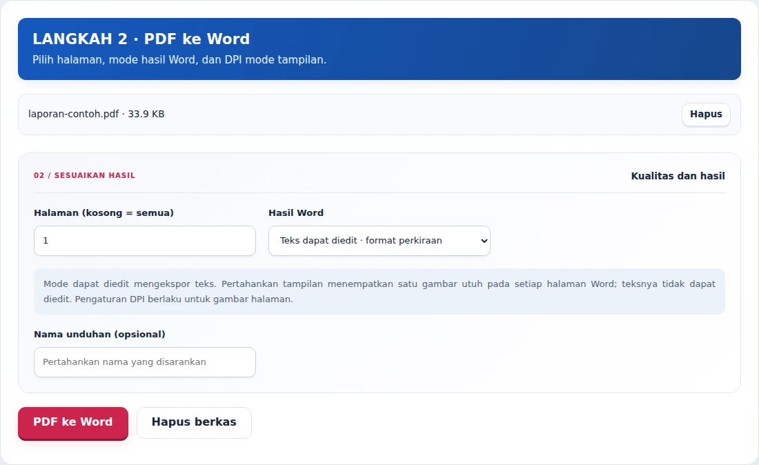 PDF ke Word, langkah 2: Pilih halaman, mode hasil Word, dan DPI mode tampilan.