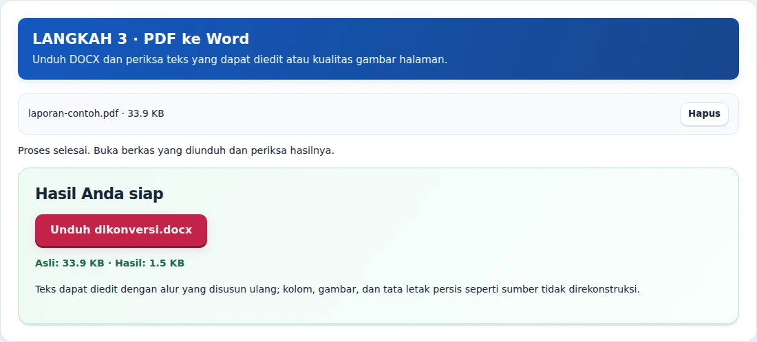 PDF ke Word, langkah 3: Unduh DOCX dan periksa teks yang dapat diedit atau kualitas gambar halaman.
