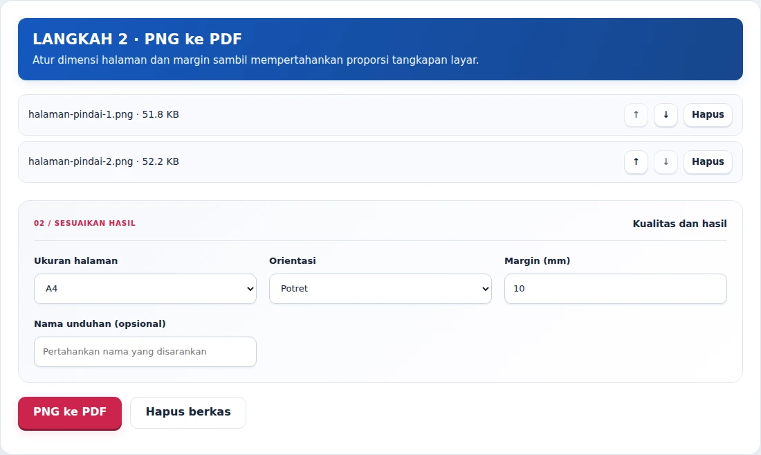 PNG ke PDF, langkah 2: Atur dimensi halaman dan margin sambil mempertahankan proporsi tangkapan layar.