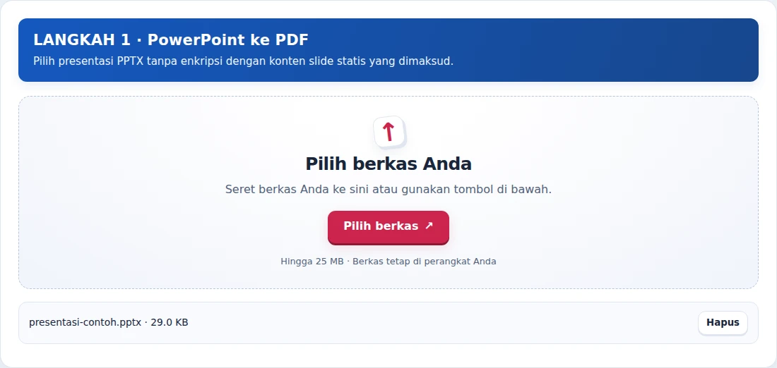 PowerPoint ke PDF, langkah 1: Pilih presentasi PPTX tanpa enkripsi dengan konten slide statis yang dimaksud.