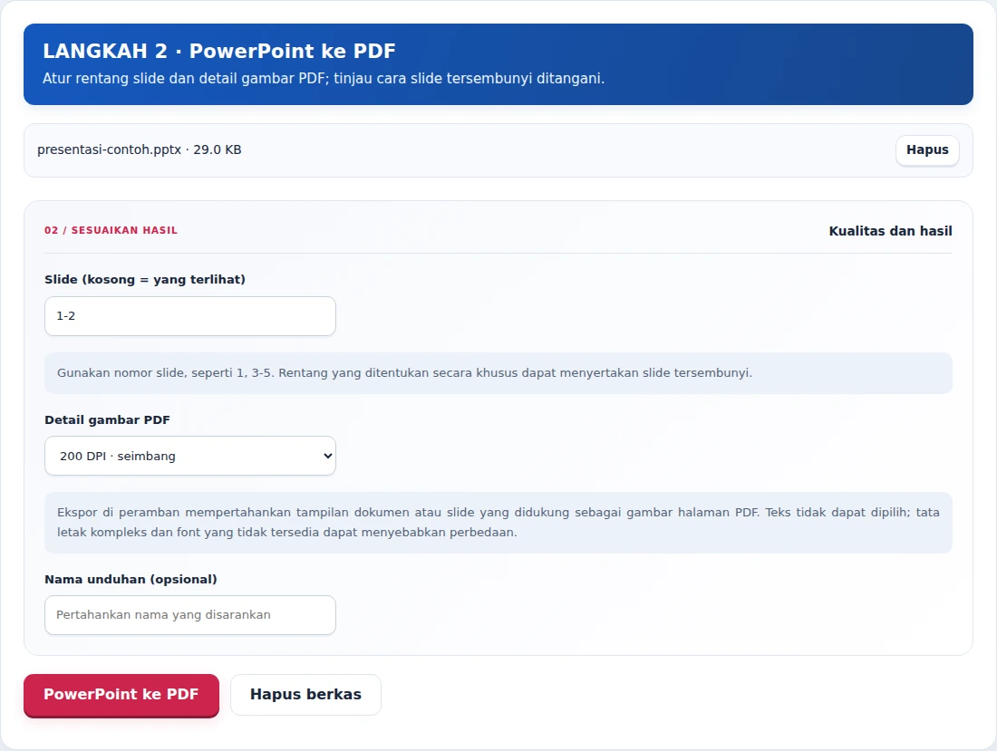 PowerPoint ke PDF, langkah 2: Atur rentang slide dan detail gambar PDF; tinjau cara slide tersembunyi ditangani.