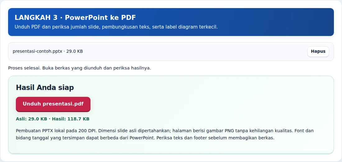 PowerPoint ke PDF, langkah 3: Unduh PDF dan periksa jumlah slide, pembungkusan teks, serta label diagram terkecil.
