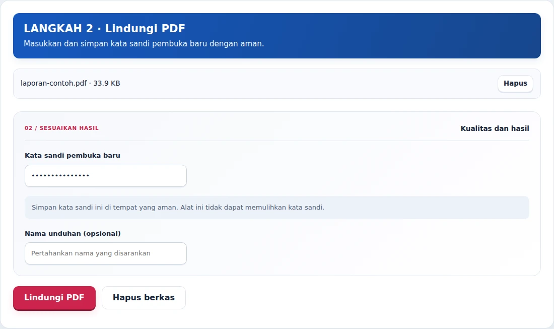 Lindungi PDF, langkah 2: Masukkan dan simpan kata sandi pembuka baru dengan aman.