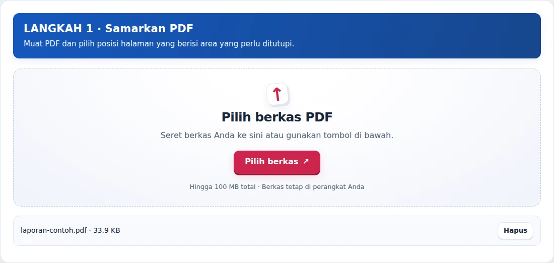 Samarkan PDF, langkah 1: Muat PDF dan pilih posisi halaman yang berisi area yang perlu ditutupi.